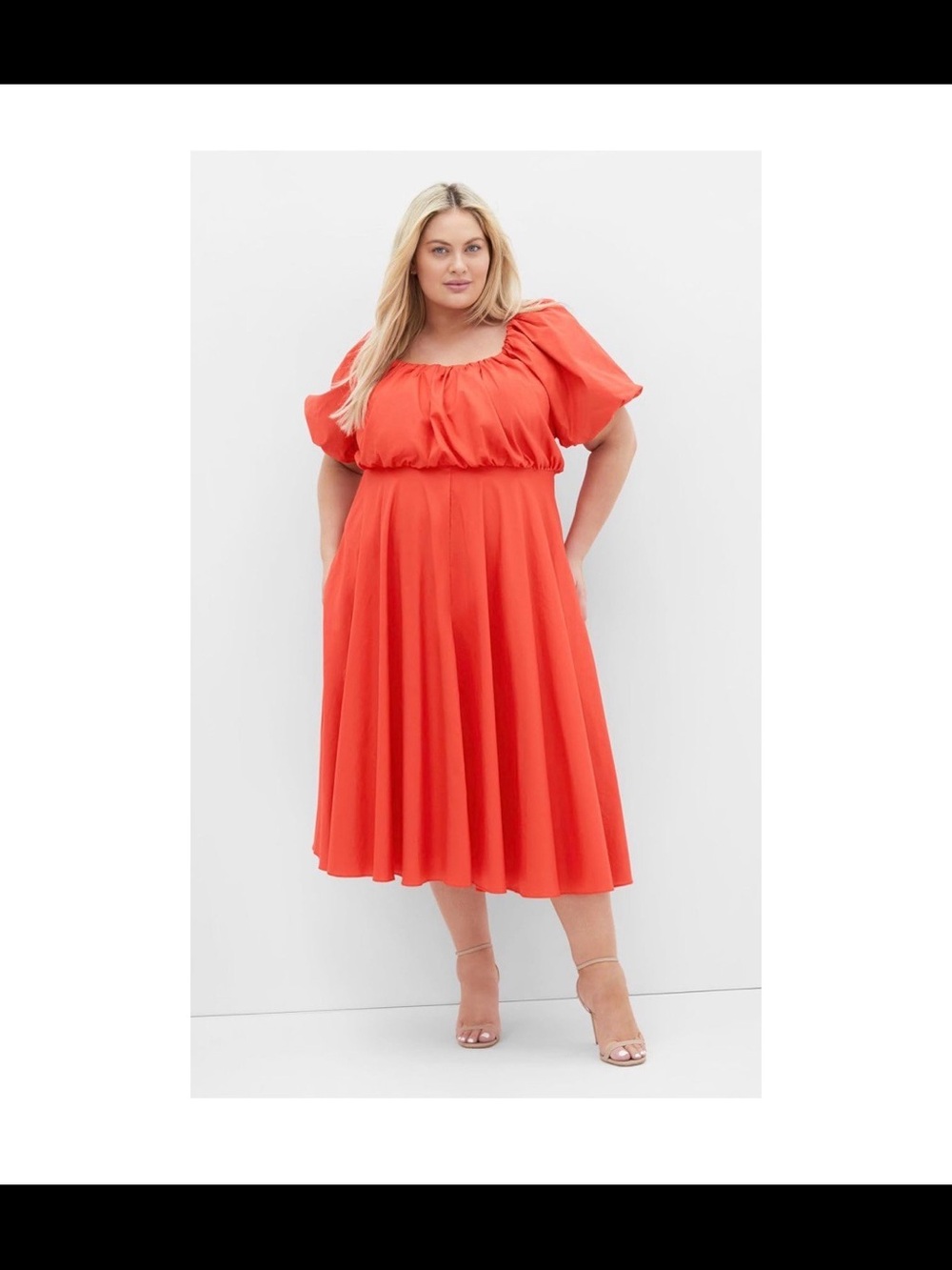 City Chic Coral Puff-Sleeve Midi Dress